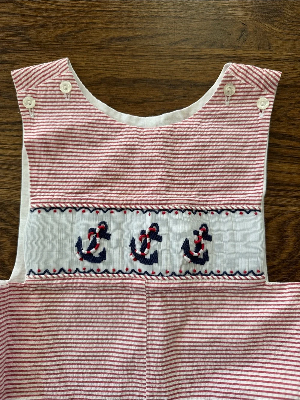 Little English Light Red Seersucker Smocked Shortall - Anchors